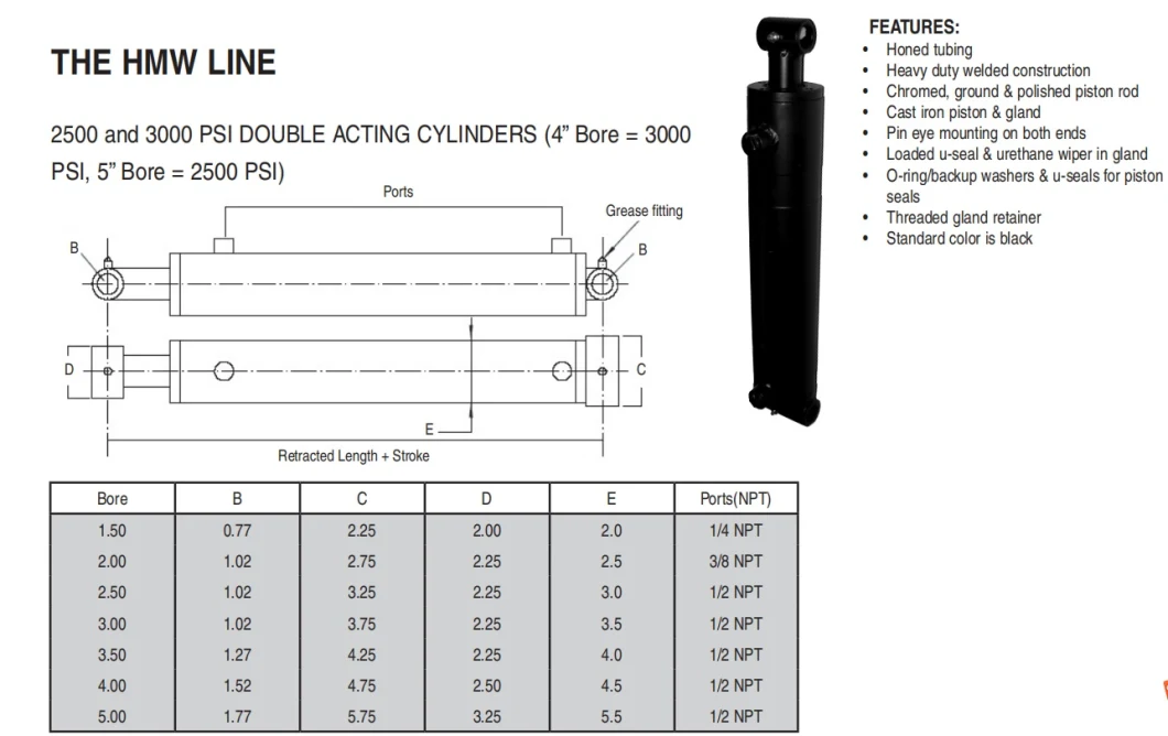 Hmw-2530 Maxim Swivel Ball 2.5 Bore X 30 Stroke - 1.5 Rod Dia. Welded Cylinder: